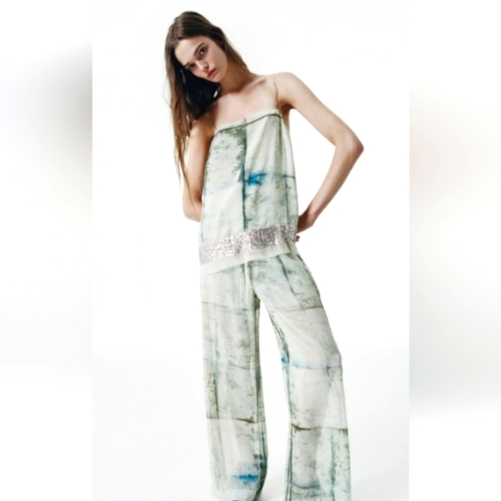 ZARA PRINTED LIGHT GREEN TOP WITH STRAIGHT NECKLINE AND SILVER APPLIQUES